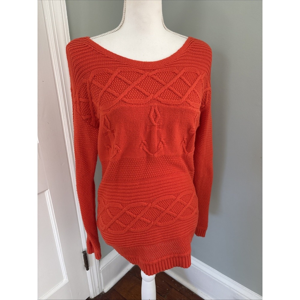 Talbots Orange Pullover Sweater Nautical Anchors 100% Cotton Size Medium Petite